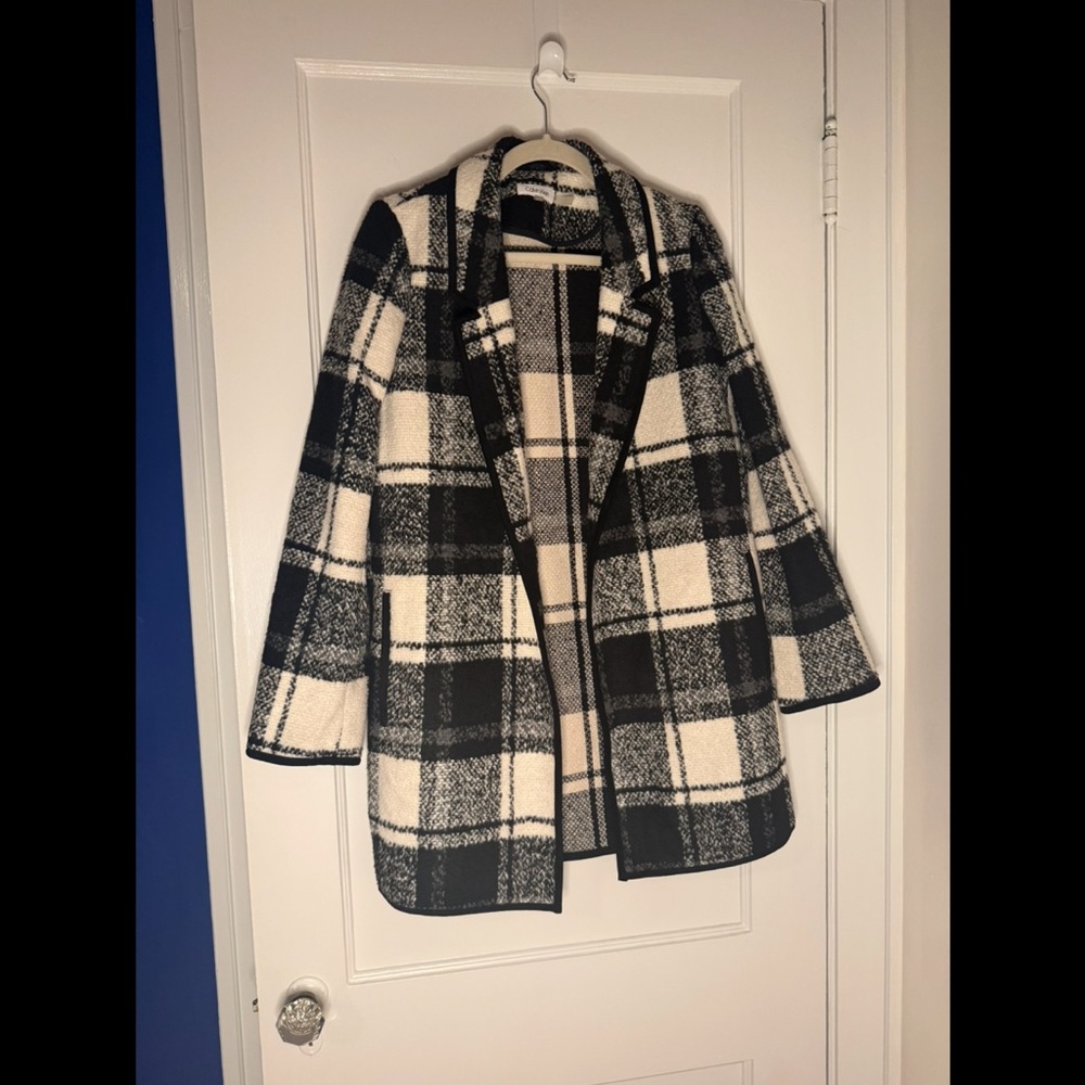 Calvin Klein Black and White Plaid Peacoat